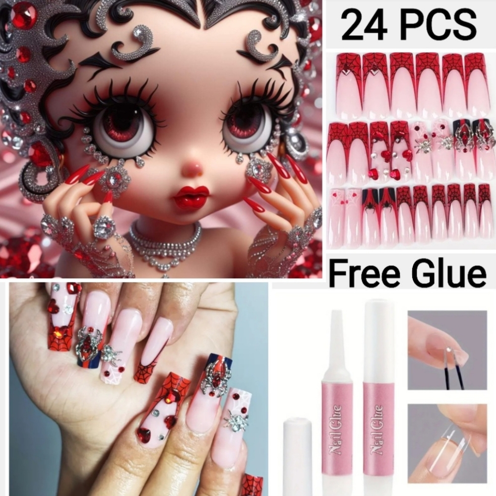 Fake Nails 24pcs Glossy Long Red French W/Cobweb, Rhinestone Spider & Heart